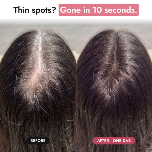 Before and after one dab: dyed dark brown hair, part and crown seen from above in the sun